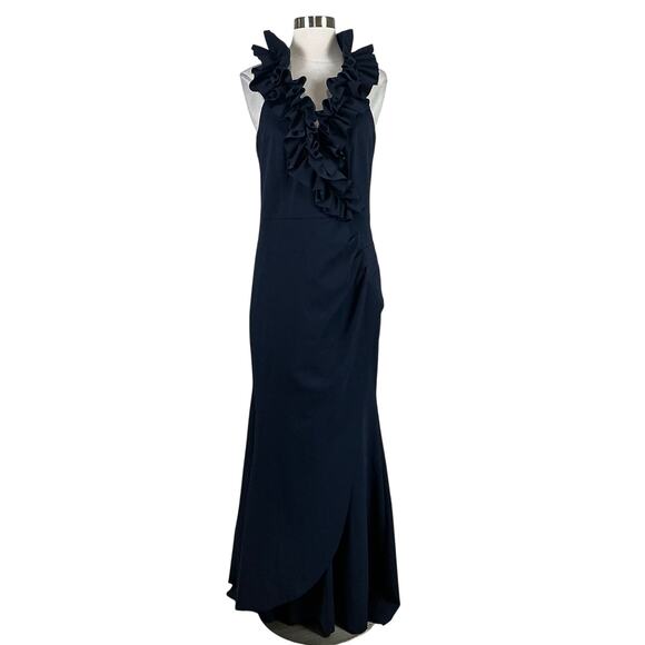 XSCAPE Ruffled V-Neck Evening Gown Size 10 Blue Sleeveless Long Formal Dress - Picture 1 of 14